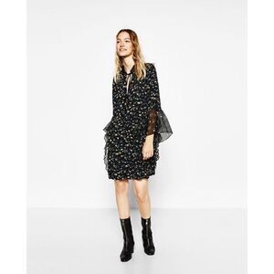 ZARA Floral Printed Lace Mini Long Sleeve Dress with Frills
